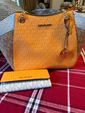 Michael Kors Orange and Beige Signature Shoulder Tote Gold Hardware and wallet